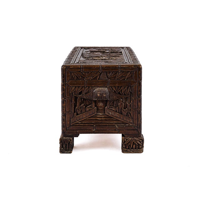 Chinese 36" Vintage Antique Chinese Carved Camphor Chest Featuring Guan Yin For Sale - Image 3 of 18