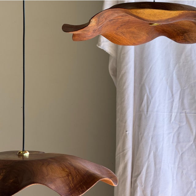 Large Flat Wavy Leaf-Shaped Teak Pendant Light with Floral Design For Sale - Image 6 of 11