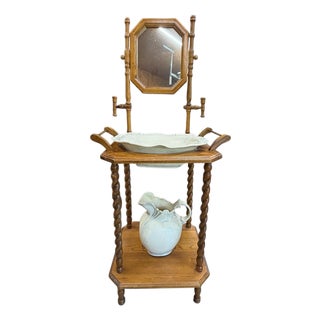 Vintage English Country Cottage Style Oak Barley Twist Washstand For Sale