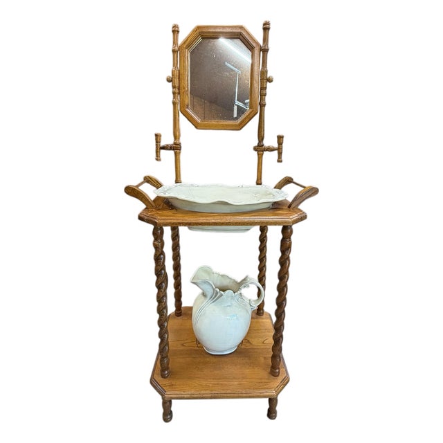 Vintage English Country Cottage Style Oak Barley Twist Washstand For Sale
