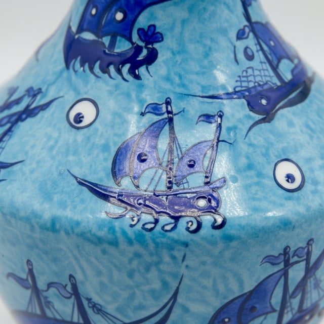 Turkish Handmade Ceramic Vase (30cm) – Ottoman Galleon Ships & Evil Eye Pattern – Nautical Iznik Art For Sale - Image 3 of 8