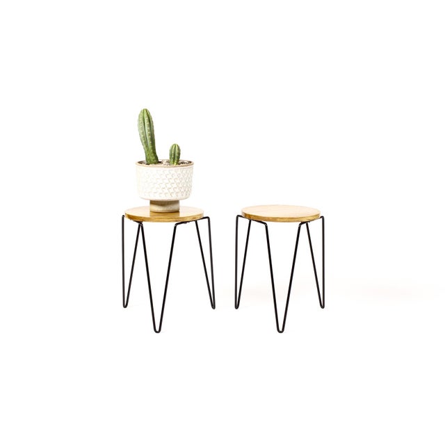 #1805 — Mid Century Vintage Attributed to Florence Knoll Model #75 Stacking Stool / Side Table — White Oak + Iron — Pair...