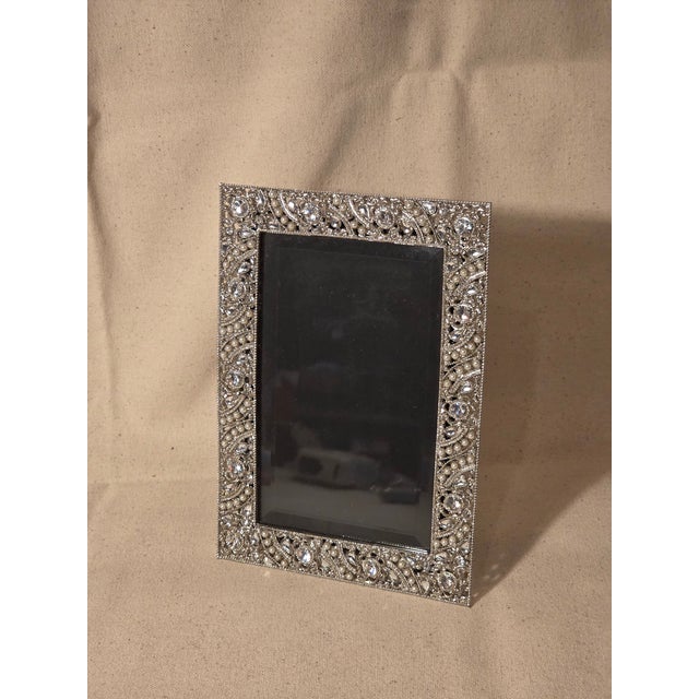 Olivia Reigal Silvertone Rhinestone Picture Frame With Beveled Glass For Sale - Image 4 of 12