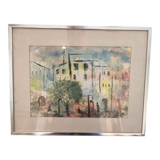 Pearl Gordon 1982 Signed Original Modernist Watercolor Cityscape For Sale