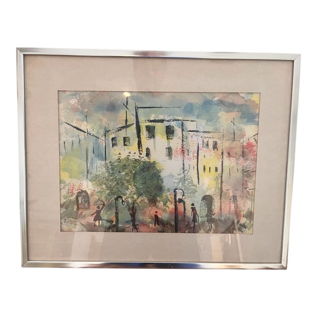 Pearl Gordon 1982 Signed Original Modernist Watercolor Cityscape For Sale