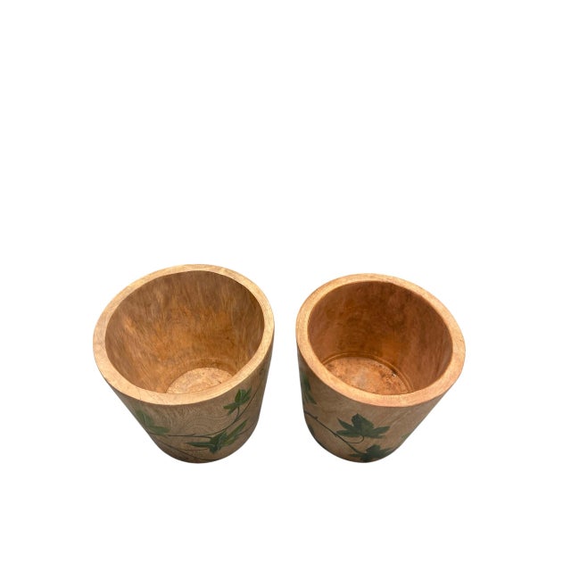 2000 - 2009 A Pair of Vintage Hand-Painted Ivy Teak Wood Cache Pots For Sale - Image 5 of 12
