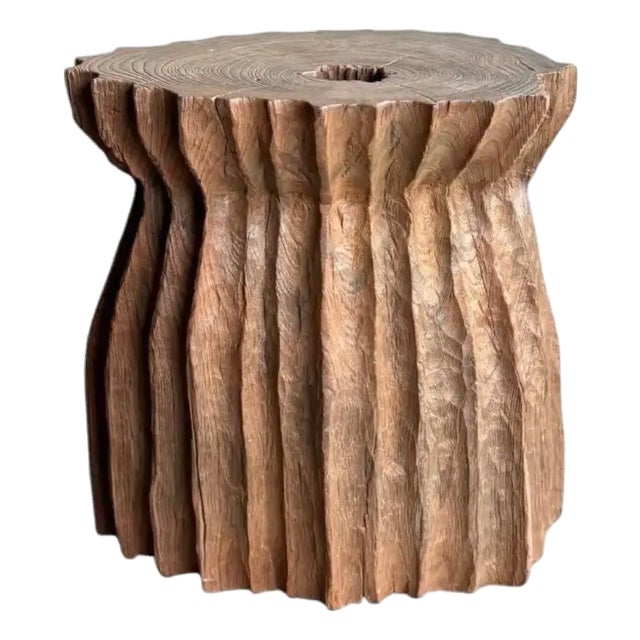 Sculptural Teak Wood Side Table Organic Fluted Form With Hand-Carved Texture For Sale
