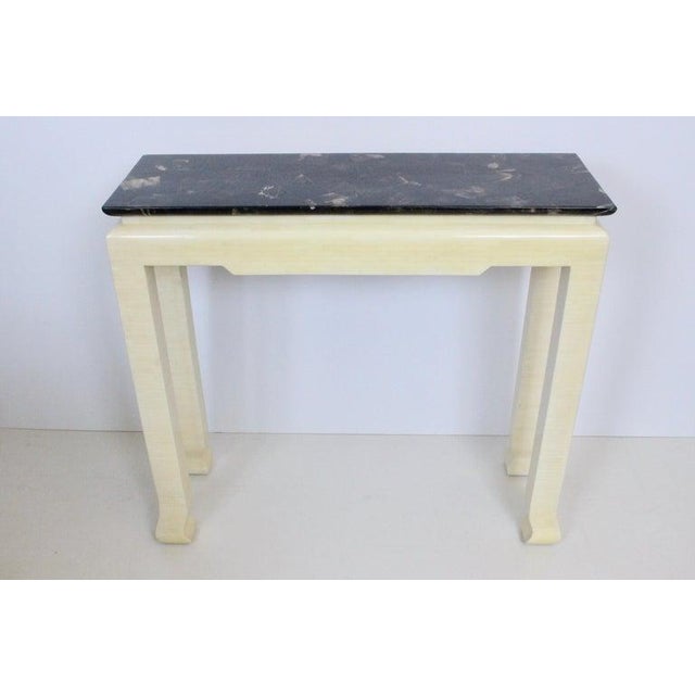 Hollywood Regency Karl Springer, Maitland Smith style Tessellated Horn and Bone Entry Table, 1980's. Featuring a...