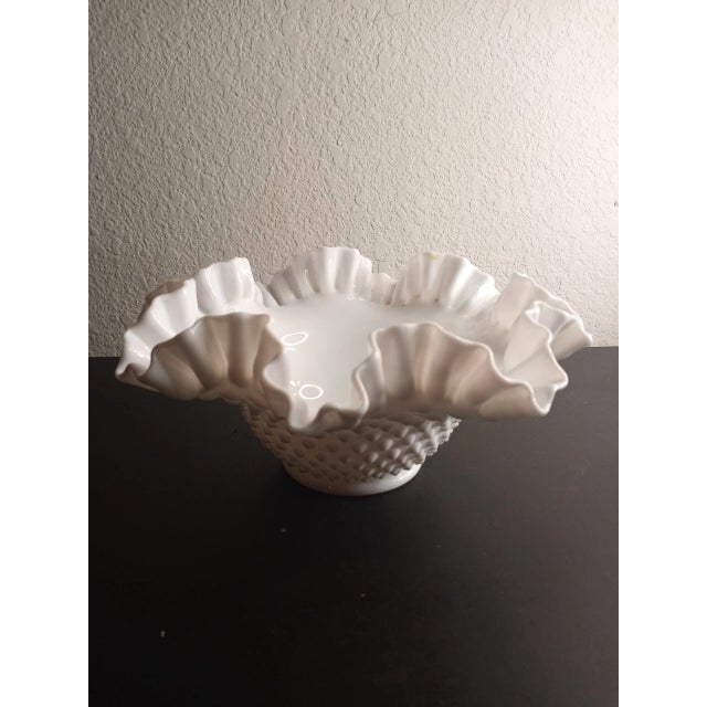 VTG Fenton 10" Milk Glass Hobnail Ruffled Edge Bowl. This vintage Fenton bowl, measuring 10 inches in diameter, is a...