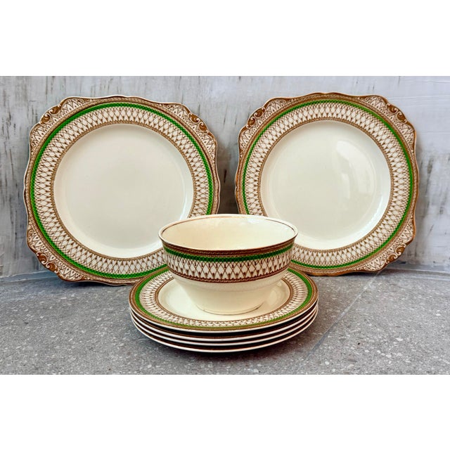 Rare Set of 7 Antique English Bone China J & G Meakin, Westminster Pattern Featuring an Intricate Green & Gold Band on a...