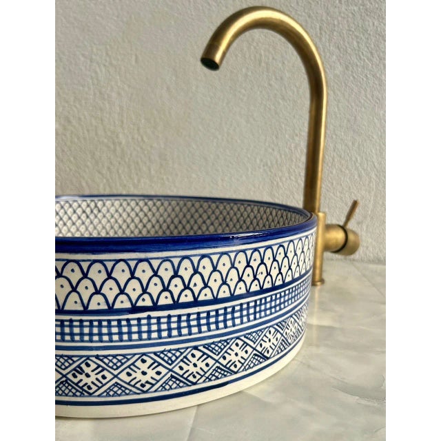 Metal Navy Blue Vessel Sink for Bathroom, Handmade Ceramic Basin With Brass Drain For Sale - Image 7 of 8