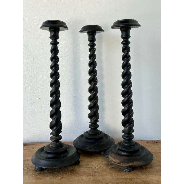 Vintage Boho Monumental Distressed Barley Twist Candlesticks - Set of 3 For Sale - Image 10 of 11