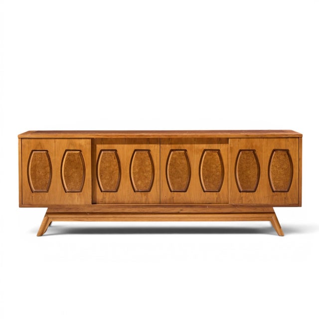 Mid-Century Modern Young Manufacturing Mid Century Walnut and Burlwood Sliding Door Credenza and Hutch For Sale - Image 3 of 12