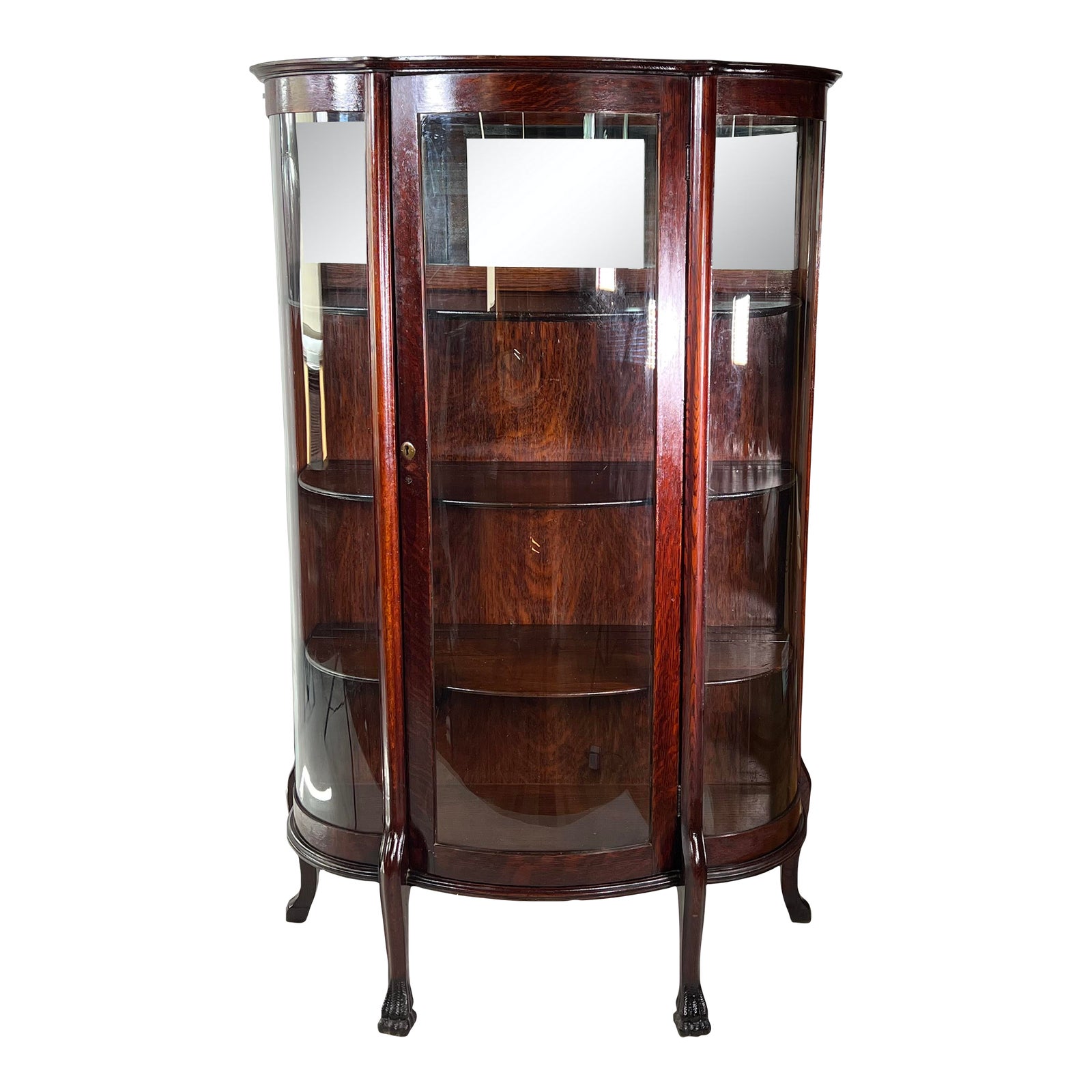 Antique American Tiger Oak Bow Front China, Display, Curio