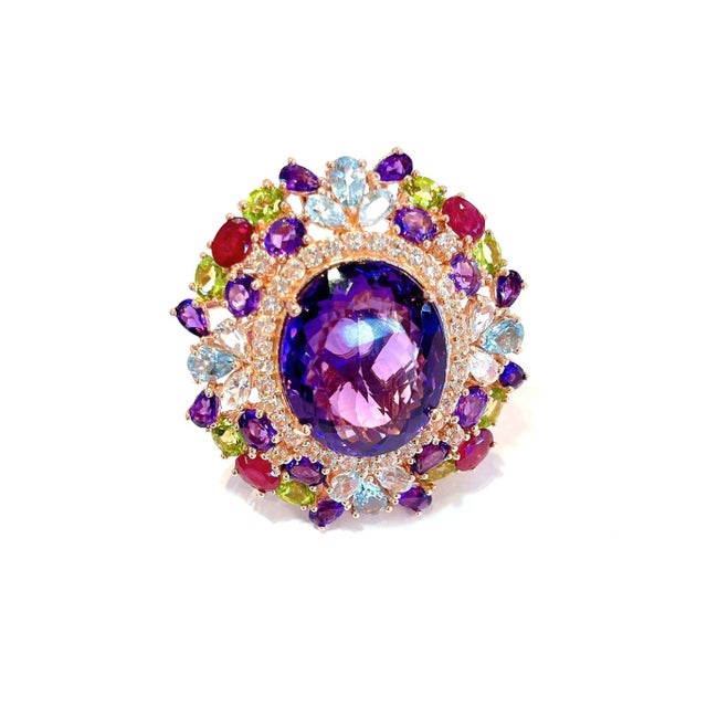 Bochic “Orient” Amethyst & Ruby & Multi Gem Cocktail Ring Set 18K & Silver, Size 5.5 For Sale In New York - Image 6 of 12