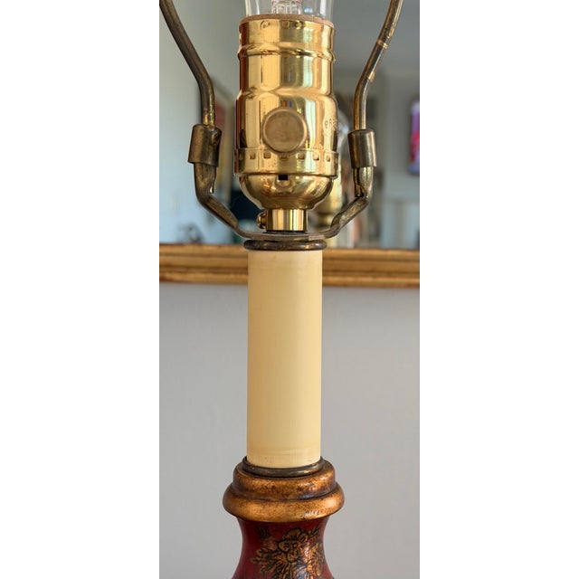 Elegant Red Chinoiserie Table Lamps With Red Tole Shades in the Style of John Rosselli, Pair For Sale In Savannah - Image 6 of 12
