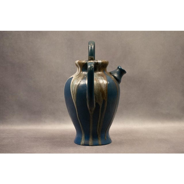 Ceramic Large Art Nouveau Goat Figurine in Duck-Blue Glazed Stoneware with Drips by Léon Pointu for Saint-Amand-en-Puisaye, 1920s For Sale - Image 7 of 10