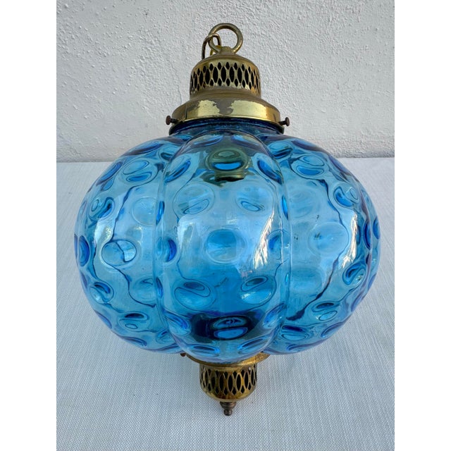 1960s Vintage Optic Coin Dot Blue Glass Lantern With Brass Canopy For Sale In Los Angeles - Image 6 of 11