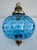 1960s Vintage Optic Coin Dot Blue Glass Lantern With Brass Canopy For Sale In Los Angeles - Image 6 of 11