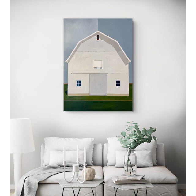 White North of Eden by Justin Wheatley | Acrylic on Canvas White Barn With Green Field For Sale - Image 8 of 11