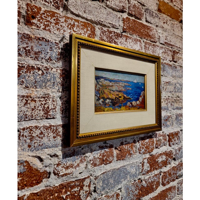 Blue Arthur Bowen Davies- 1920s Maine Shoreline With Sailing Ship -Oil Painting For Sale - Image 8 of 10