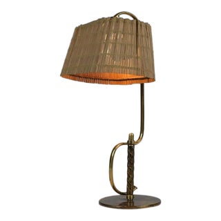 Rare Paavo Tynell 'S' Table Lamp 9202 in Full Brass & Rattan Shade For Sale