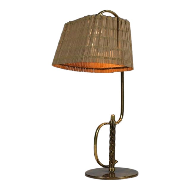 Rare Paavo Tynell 'S' Table Lamp 9202 in Full Brass & Rattan Shade For Sale