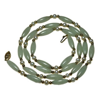 Vintage Barrel Jade & Pearl 14k Beaded 26" Necklace For Sale