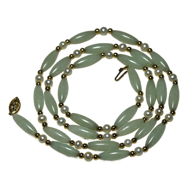 Vintage Barrel Jade & Pearl 14k Beaded 26" Necklace For Sale