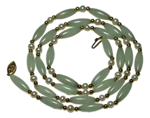 Vintage Barrel Jade & Pearl 14k Beaded 26" Necklace