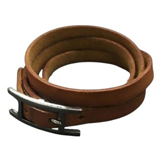 1991 Triple Wrap Brown Leather Silver Tone Bracelet by Hermes For Sale
