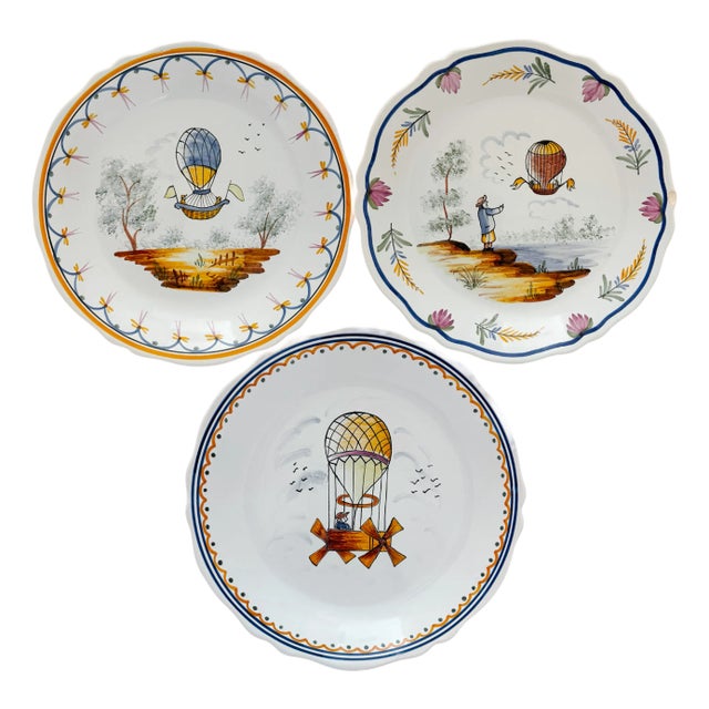 Late 20th Century French Faience "Voyage Dans Les Airs" Hot Air Balloon Plates - Set of 3 For Sale