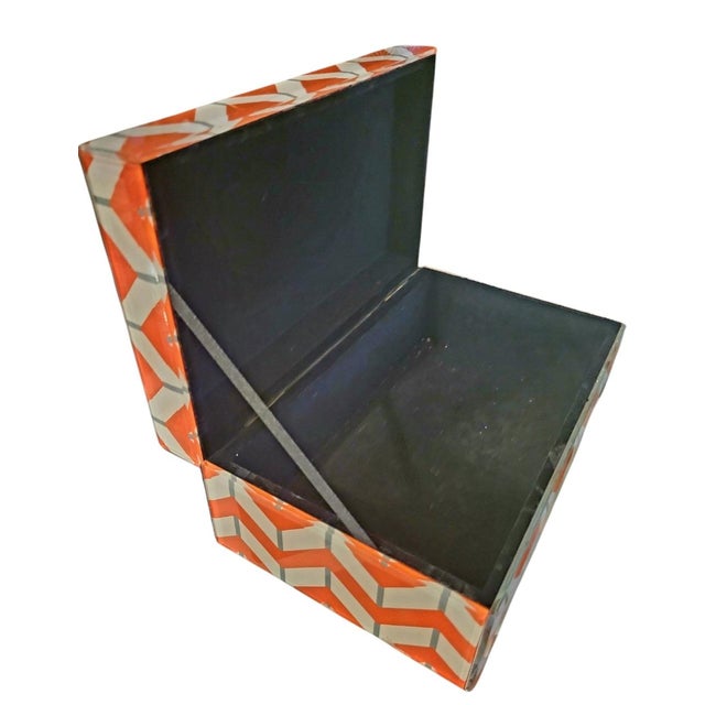 1980s Glass Orange White Chevron Jewelry Storage Box Holder For Sale - Image 5 of 6
