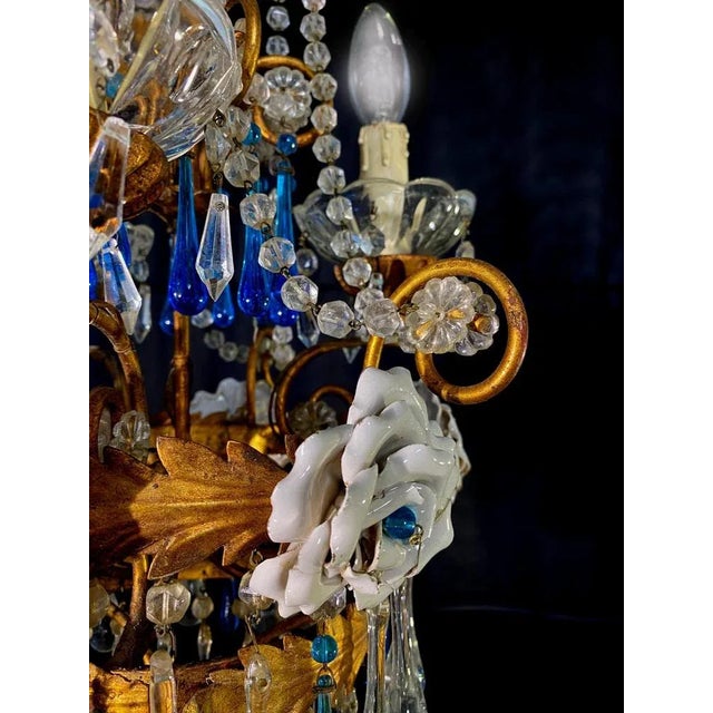 Chandelier with White Roses and Blue Drops, Murano, 1950s For Sale - Image 18 of 18