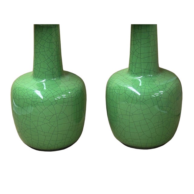 Ceramic Pair Orient Crackle Pattern Verdant Green Color Pottery Ceramic Vases For Sale - Image 7 of 7