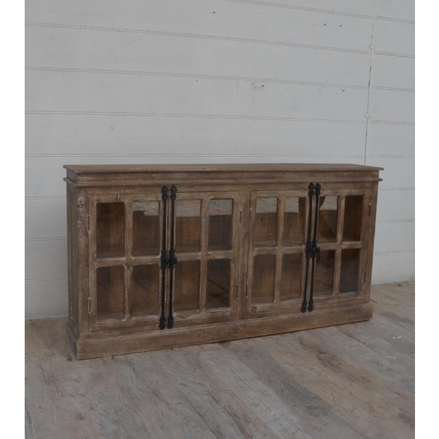 Contemporary Solid Mango Wood Glass Fronted Cabinet With Dark Gray Sandblasted Finish. For Sale - Image 3 of 8