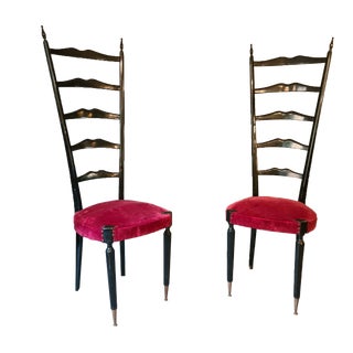 Set of Large Italian Chairs in Black Lacquer with Brass Feet For Sale