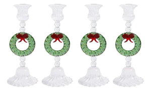 Clear & Green Holiday Wreath Taper Candle Holders, Set of 4
