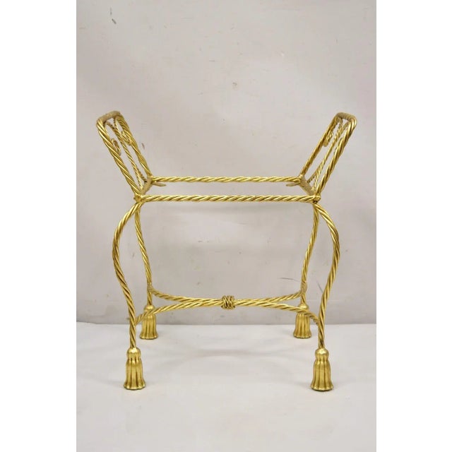 Italian Hollywood Regency Gold Gilt Iron Rope Tassel Form Vanity Bench Chair For Sale - Image 9 of 12