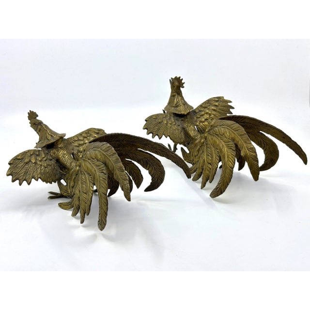 Vintage Brass Fighting Rooster Tablescape Statues- A Pair For Sale - Image 4 of 6