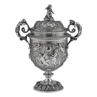 Antique Italian Silver Repoussé & Chased Covered Urn, 1870s For Sale