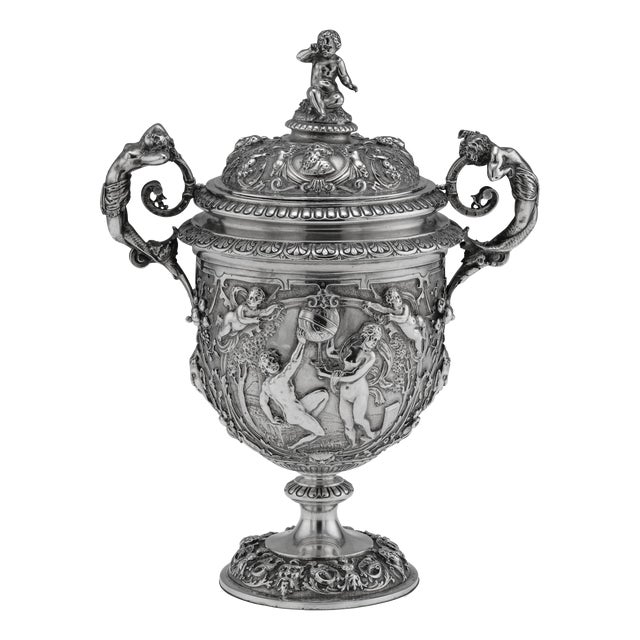 Antique Italian Silver Repoussé & Chased Covered Urn, 1870s For Sale