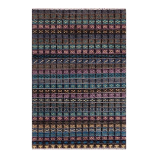 Boho Chic Black/Blue High Low Wool Rug - 2'10'' X 5'1'' For Sale