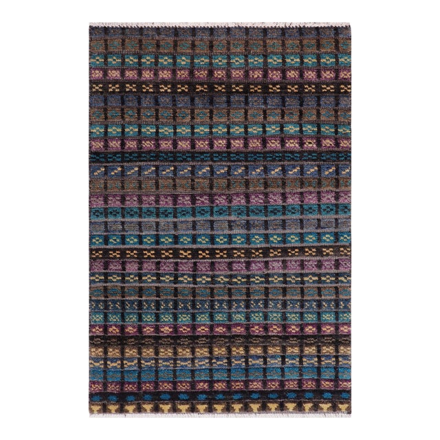 Boho Chic Black/Blue High Low Wool Rug - 2'10'' X 5'1'' For Sale