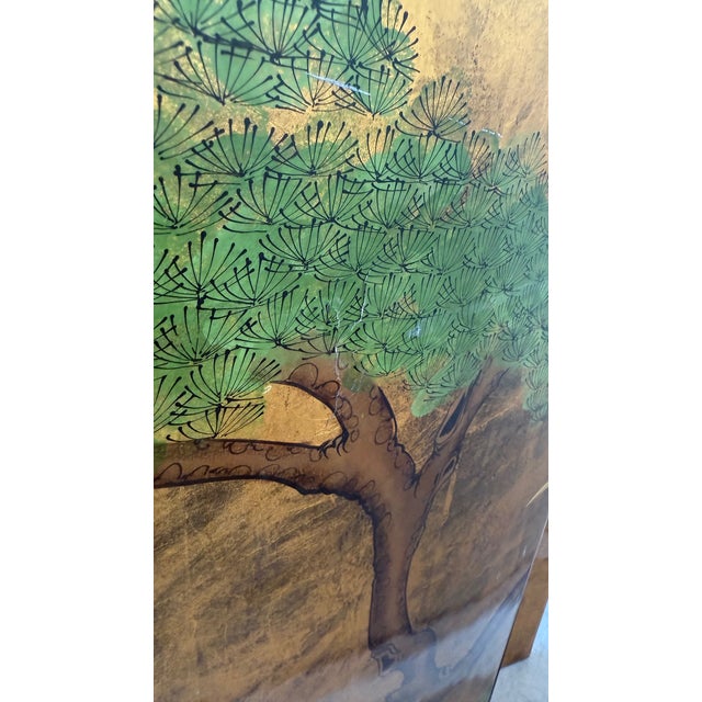 Vintage Chinese Lacquered Four-Panel Folding Screen With Cranes & Pine Trees For Sale - Image 10 of 16