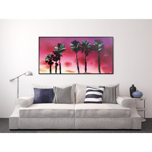 Pink Beach City Palms - Night Hits - Original California Palm Tree Night Scene Acrylic and Photograph on Canvas by Pete Kasprzak For Sale - Image 8 of 9
