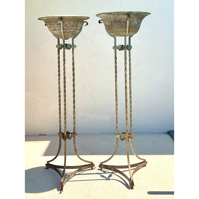 Vintage Patinated Twisted Wrought Iron and Copper Plant Stands For Sale - Image 10 of 12