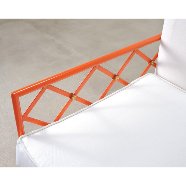 Pair of French Maison Jean Orange Iron Lattice Lounge Chairs For Sale - Image 17 of 18