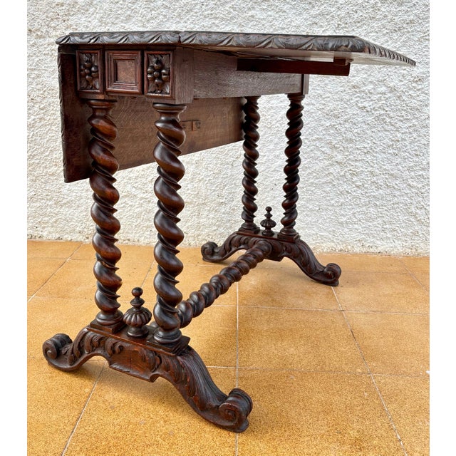 1920s Spanish Baroque Revival Drop-Leaf Table With Carved Barley Twist Legs For Sale - Image 4 of 10
