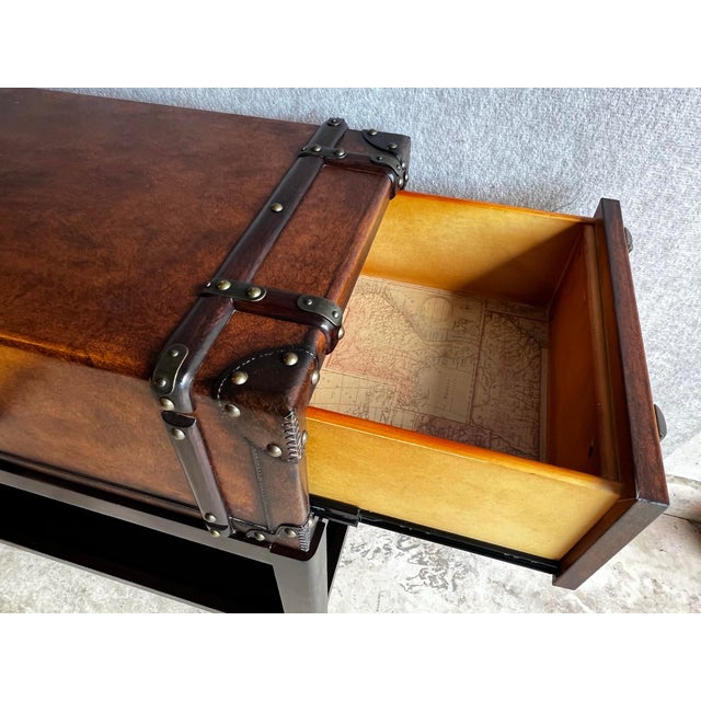 Wood Vintage Faux Leather Suitcase Console Table With 3 Drawers For Sale - Image 7 of 12